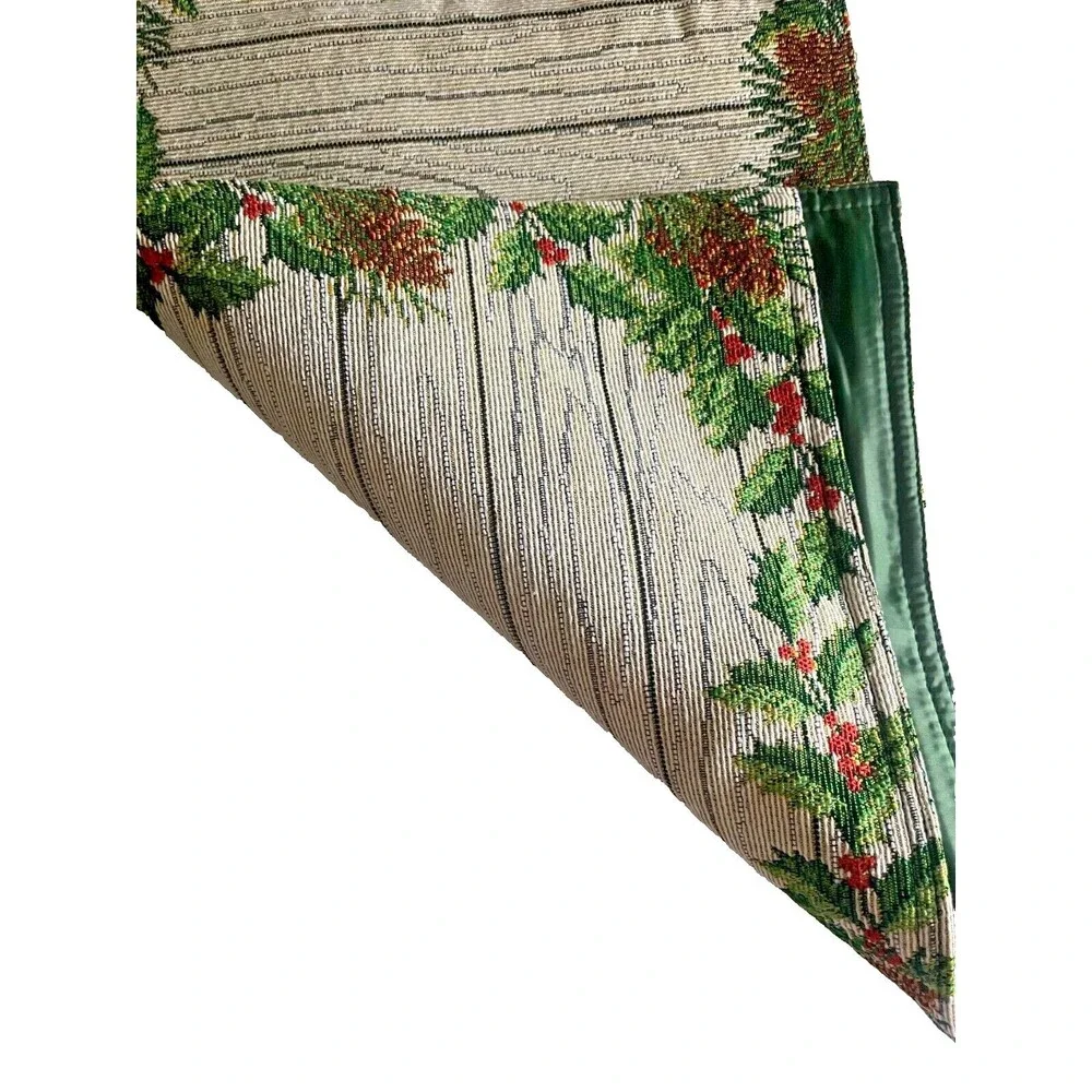 Christmas Holly Berries Table Runner Embroidered Tapestry Pinecone Rustic 13x72